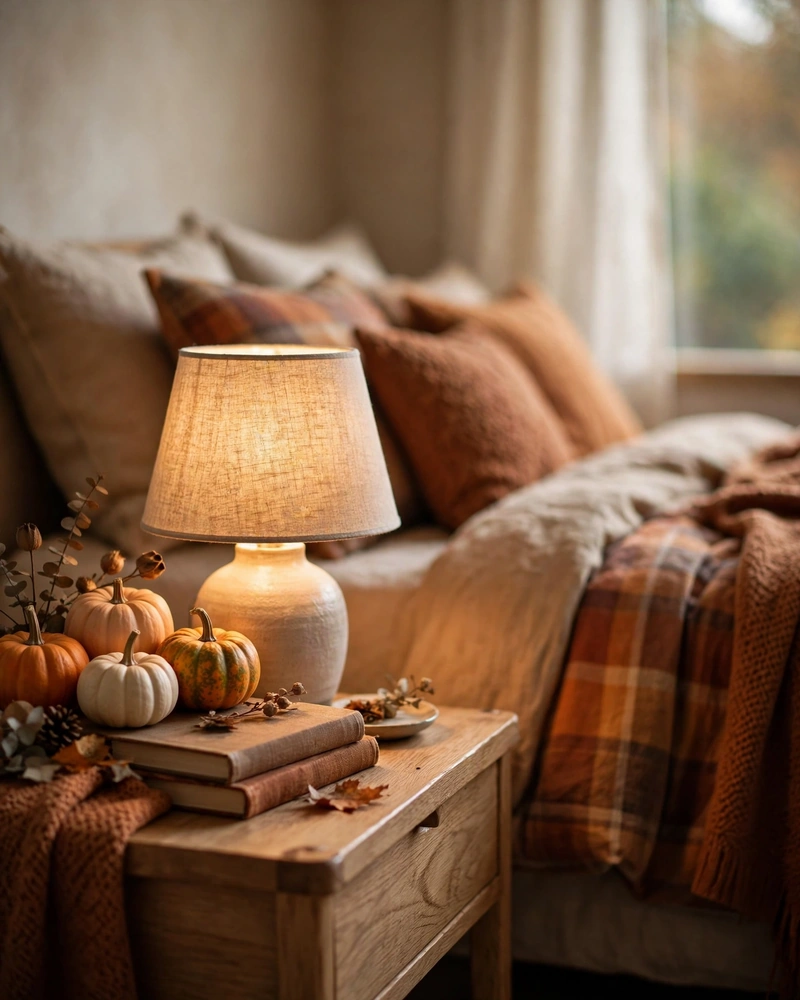 Mini Pumpkin Styling on the Nightstand - 21 Fall Bedroom Decor Ideas for a Cozy Seasonal Look