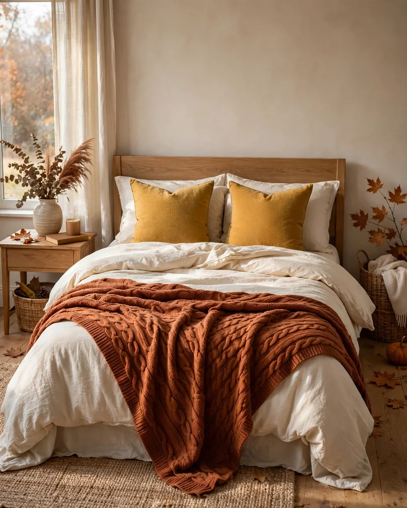 Mustard Yellow Pillows on Cream Bedding - 21 Fall Bedroom Decor Ideas for a Cozy Seasonal Look