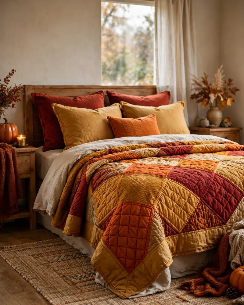 Quilted Coverlets in Warm Harvest Tones - 21 Fall Bedroom Decor Ideas for a Cozy Seasonal Look
