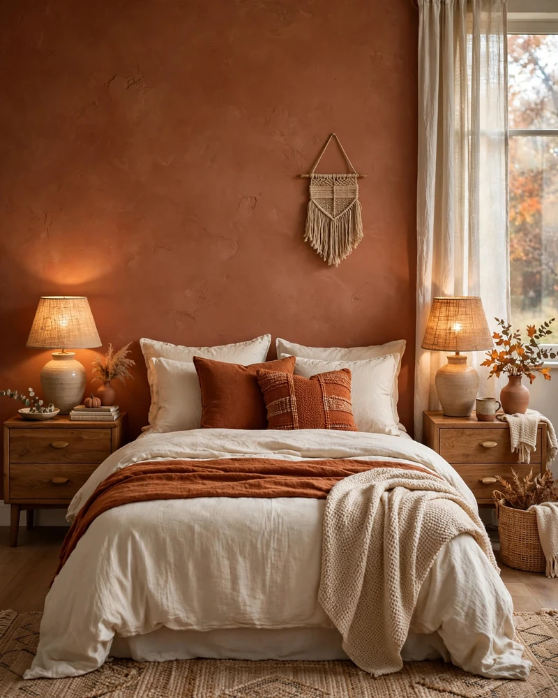 Terracotta Accent Wall Behind the Bed - 21 Fall Bedroom Decor Ideas for a Cozy Seasonal Look