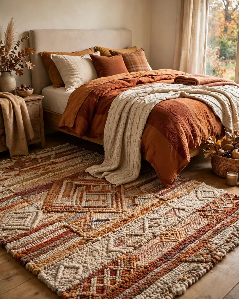 Textured Fall Area Rug Underfoot - 21 Fall Bedroom Decor Ideas for a Cozy Seasonal Look