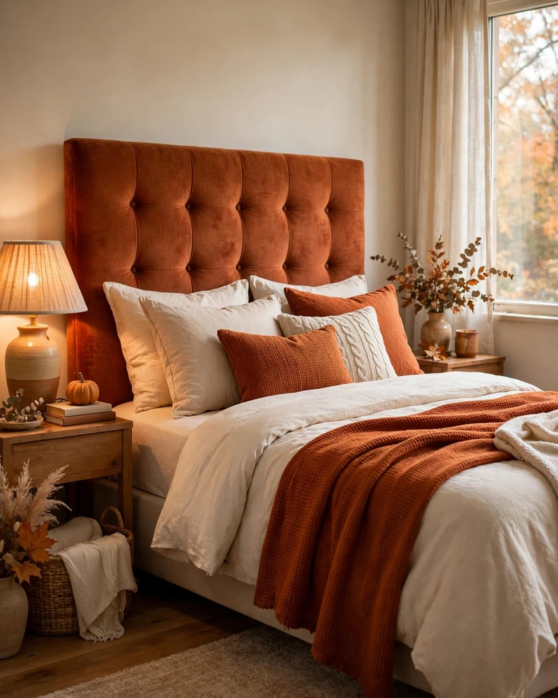 Upholstered Headboard in a Warm Rust Hue - 21 Fall Bedroom Decor Ideas for a Cozy Seasonal Look