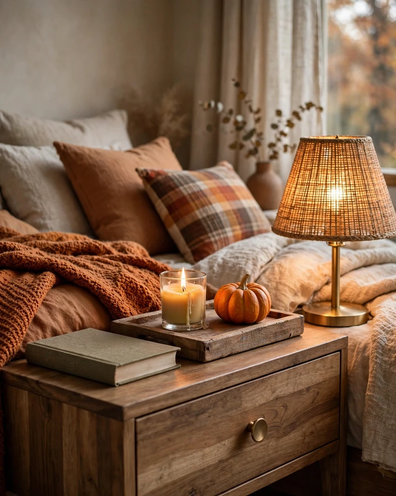 Wooden Tray Styling on the Nightstand - 21 Fall Bedroom Decor Ideas for a Cozy Seasonal Look