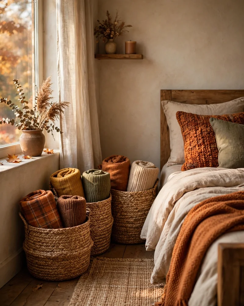 Woven Baskets for Extra Fall Blankets - 21 Fall Bedroom Decor Ideas for a Cozy Seasonal Look