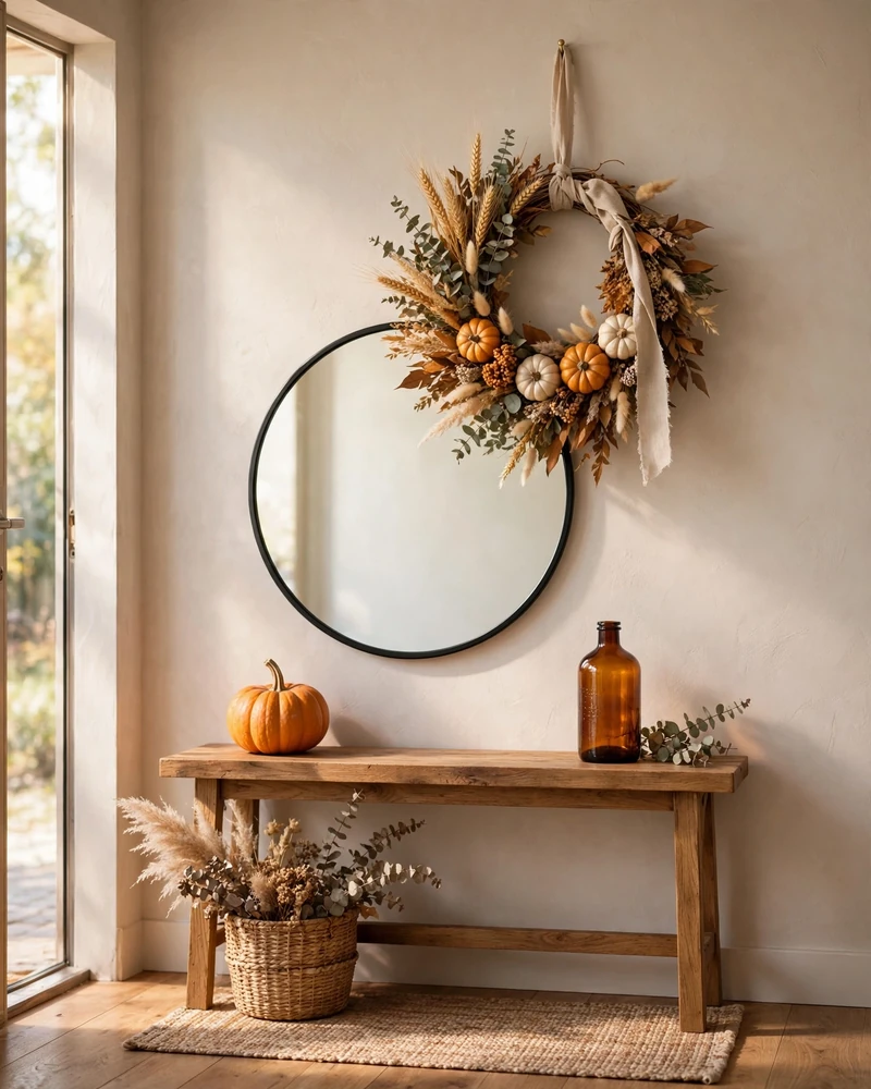 An Autumn Wreath Over the Entry Mirror - 25 Fall Decor Ideas to Make Your Home Feel Cozy