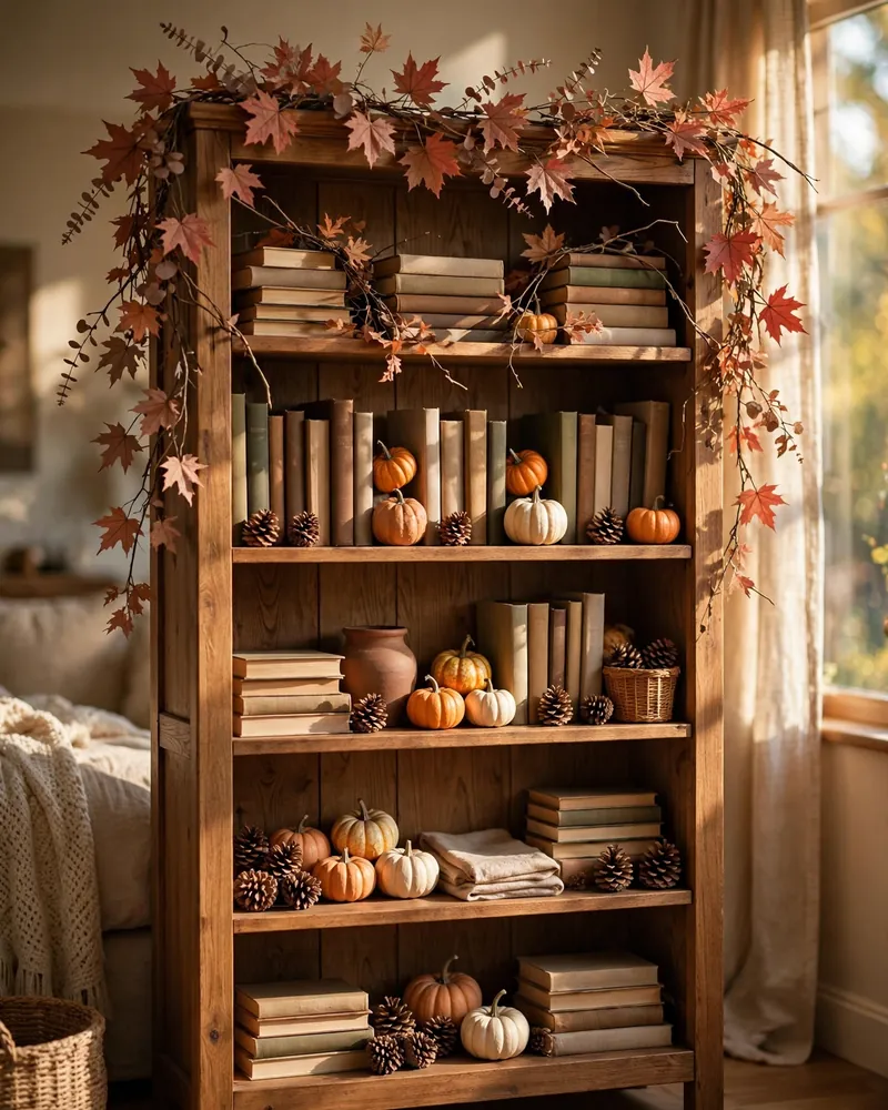 Fall Garland Draped Over the Bookshelf - 25 Fall Decor Ideas to Make Your Home Feel Cozy