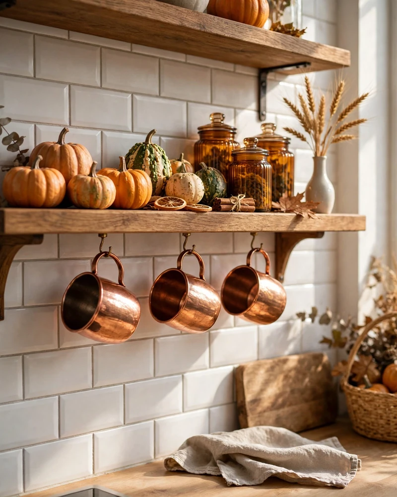 Copper Mugs and Gourds on Open Kitchen Shelves - 25 Fall Decor Ideas to Make Your Home Feel Cozy