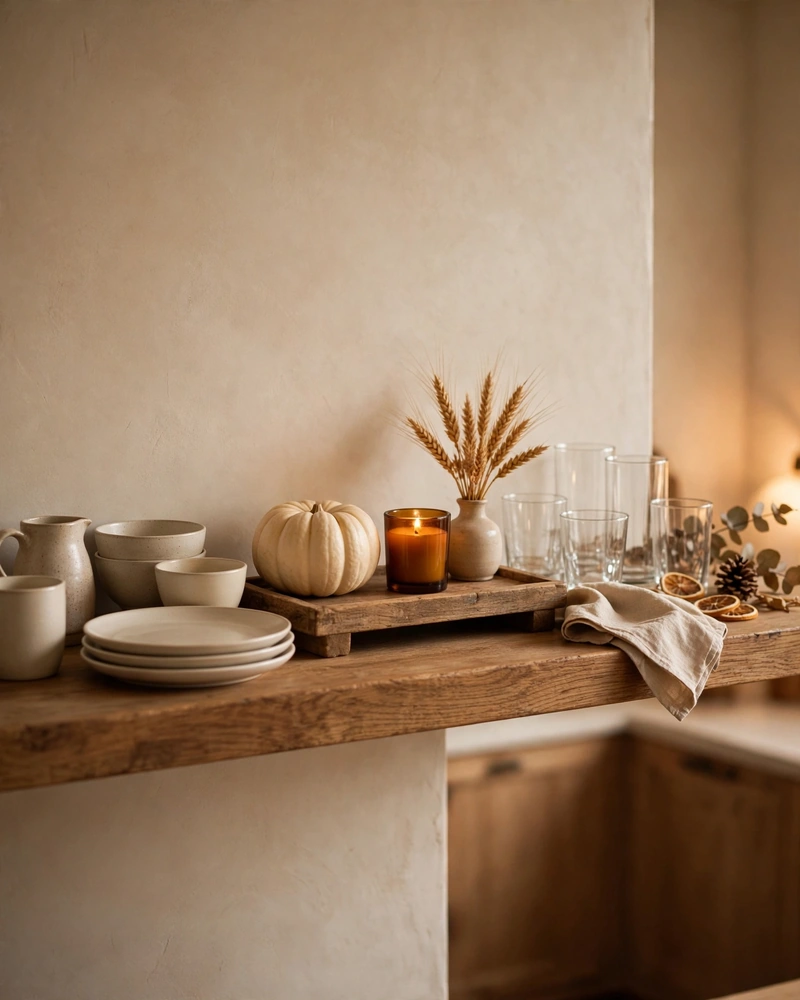 A Mini Fall Vignette on the Kitchen Shelves - 25 Fall Decor Ideas to Make Your Home Feel Cozy