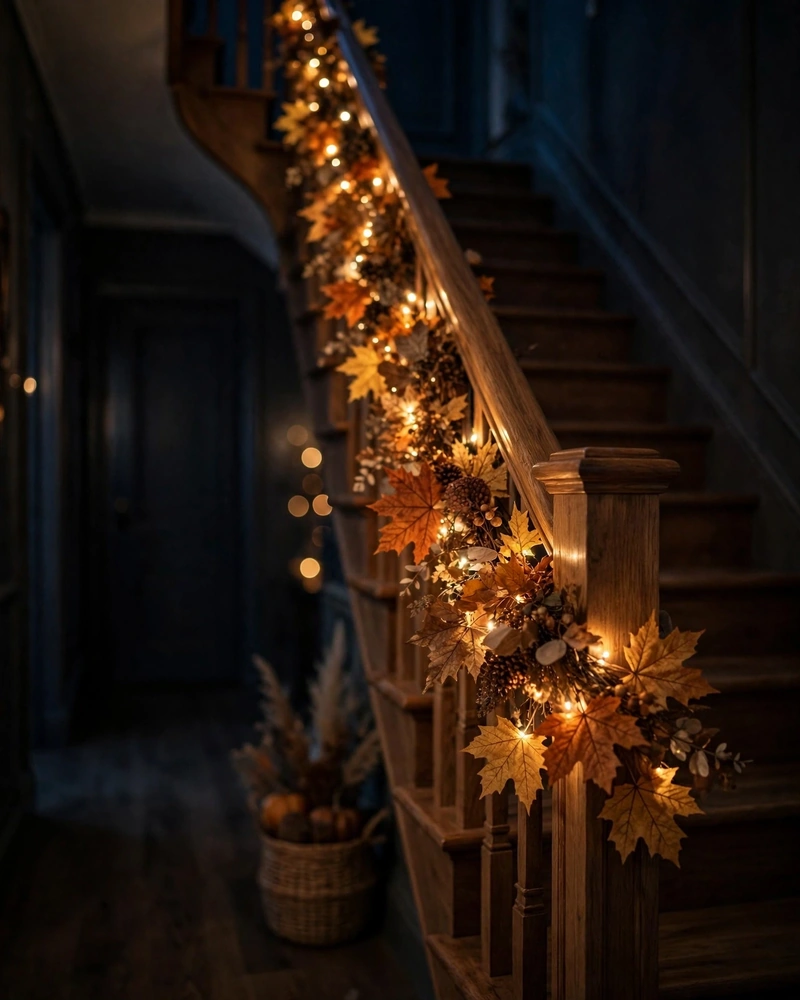 Twinkle Lights in the Staircase Garland - 25 Fall Decor Ideas to Make Your Home Feel Cozy