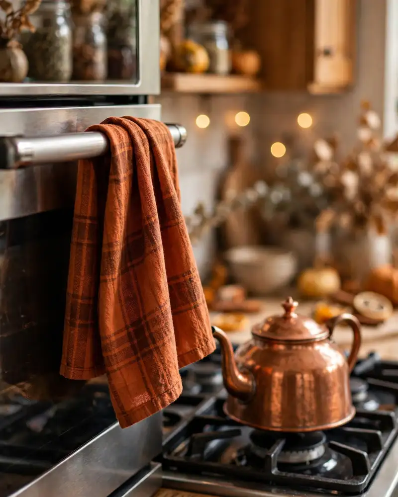 Plaid Fall Dish Towels on the Oven - 18 Fall Kitchen Decor Ideas for a Warm Seasonal Look