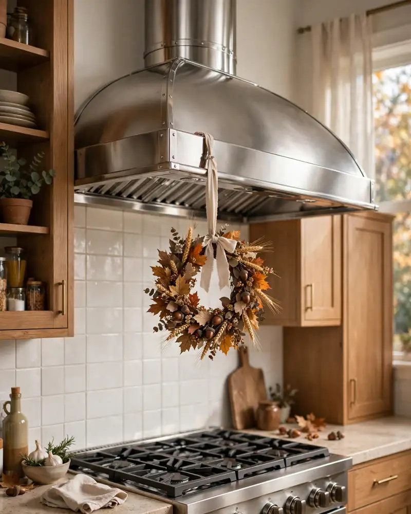 Small Fall Wreath for the Range Hood - 18 Fall Kitchen Decor Ideas for a Warm Seasonal Look