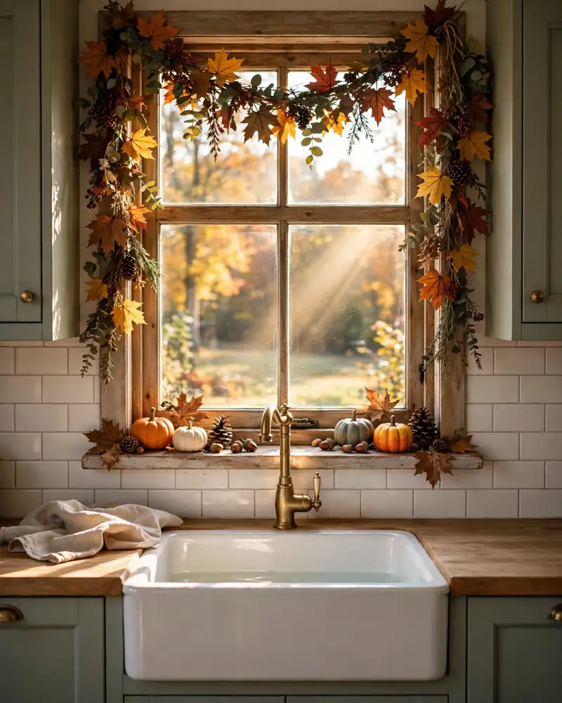 Fall Kitchen Window Decor with a Garland - 18 Fall Kitchen Decor Ideas for a Warm Seasonal Look