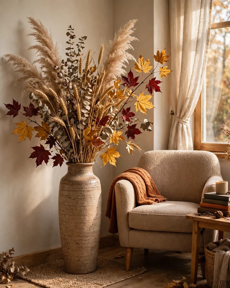 Dried Fall Stems in Tall Vases - 22 Fall Living Room Decor Ideas for a Cozy Home