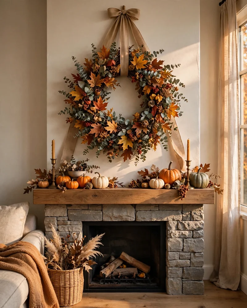 Fall Wreath Over the Fireplace - 22 Fall Living Room Decor Ideas for a Cozy Home