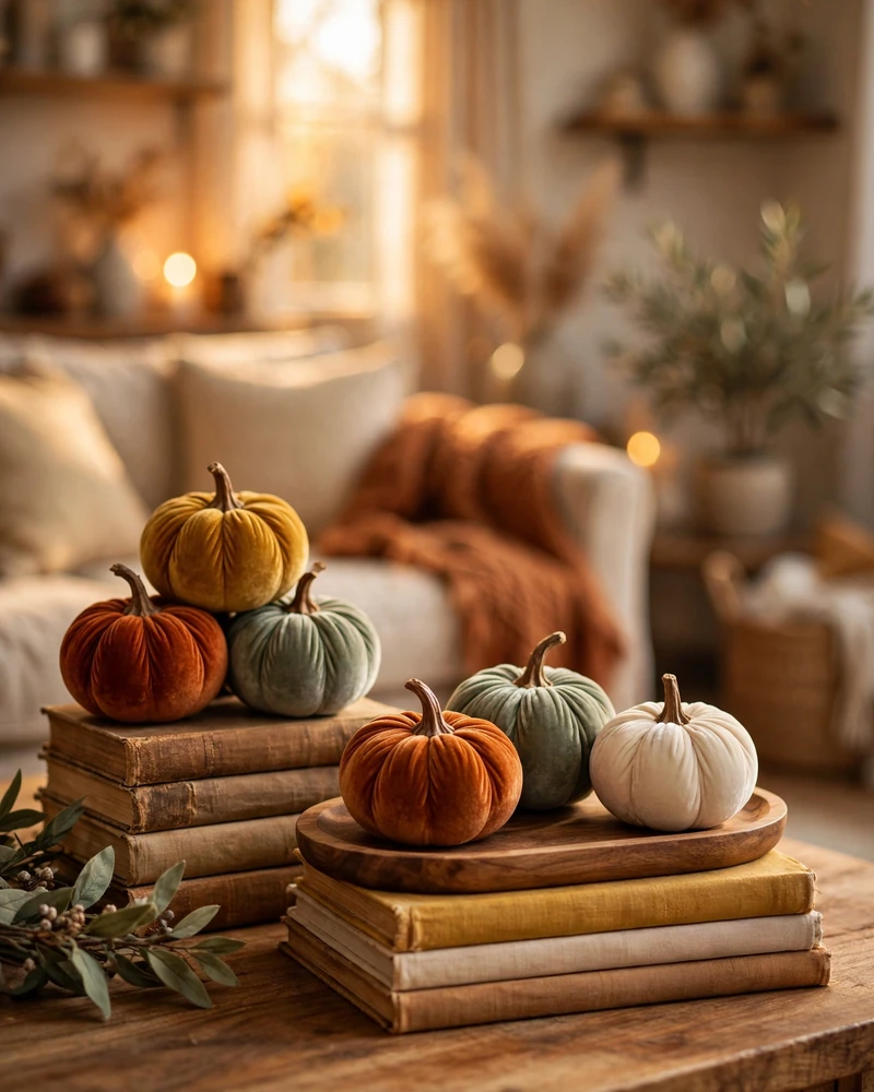 Velvet Pumpkin Accents - 22 Fall Living Room Decor Ideas for a Cozy Home