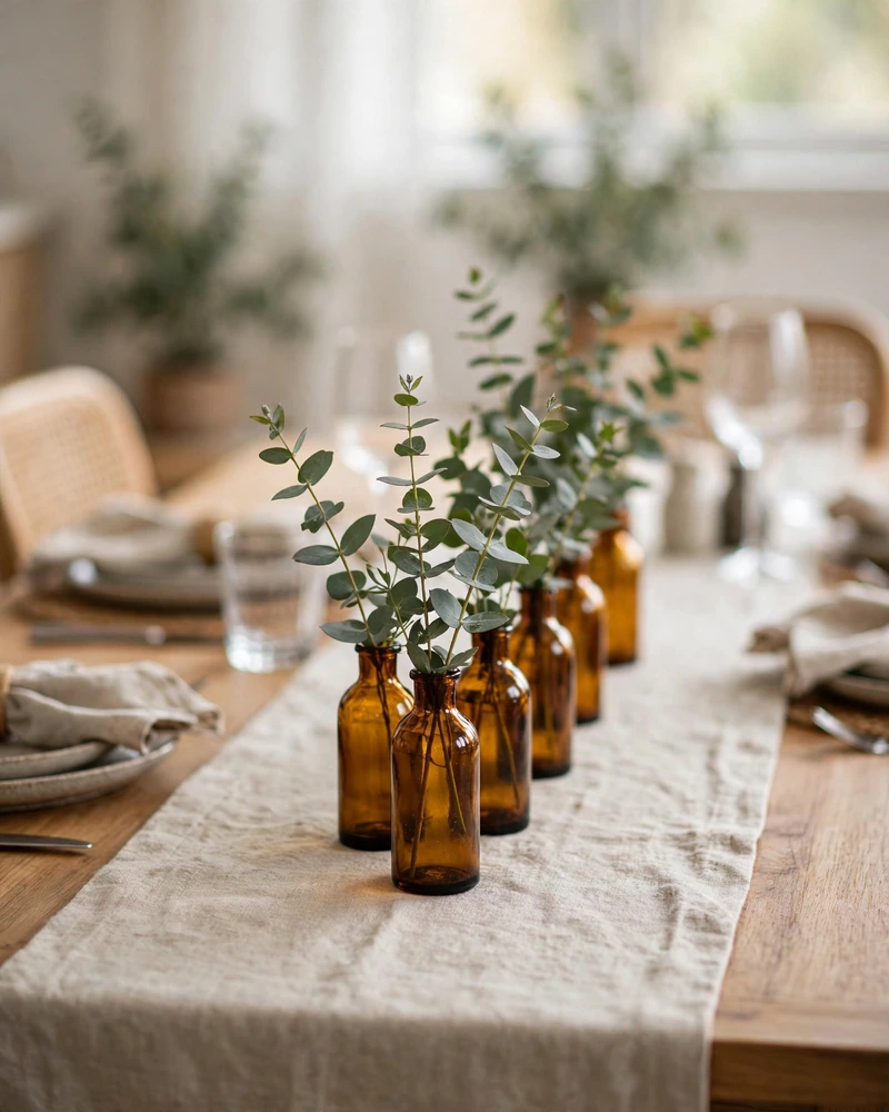 Amber Glass Bud Vases With Eucalyptus Stems - 19 Fall Table Decor Ideas for a Gorgeous Autumn Setting