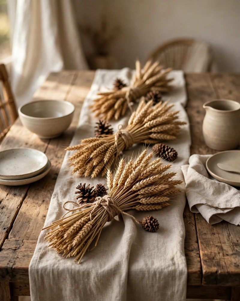Dried Wheat Bundles and Pinecone Accents - 19 Fall Table Decor Ideas for a Gorgeous Autumn Setting