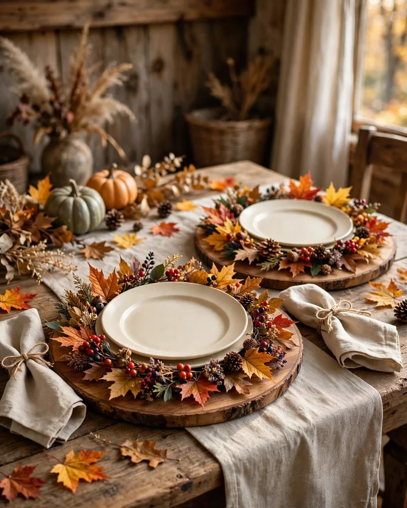 Fall Foliage Ringed Around Wooden Chargers - 19 Fall Table Decor Ideas for a Gorgeous Autumn Setting