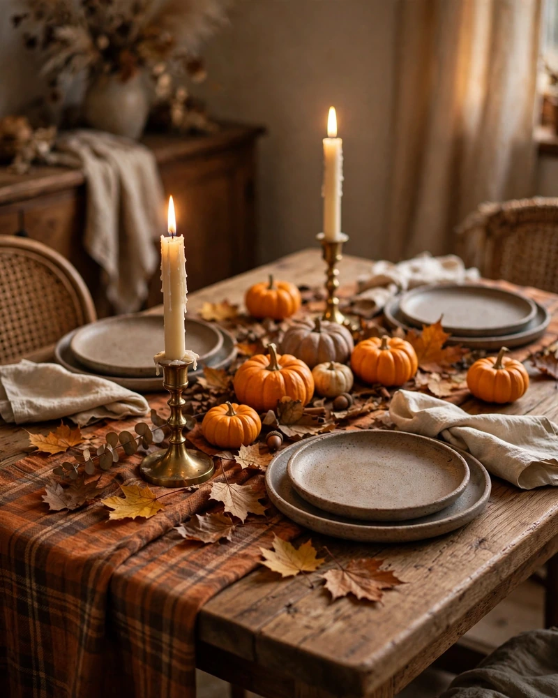 Plaid Table Runner in Burnt Orange and Brown - 19 Fall Table Decor Ideas for a Gorgeous Autumn Setting
