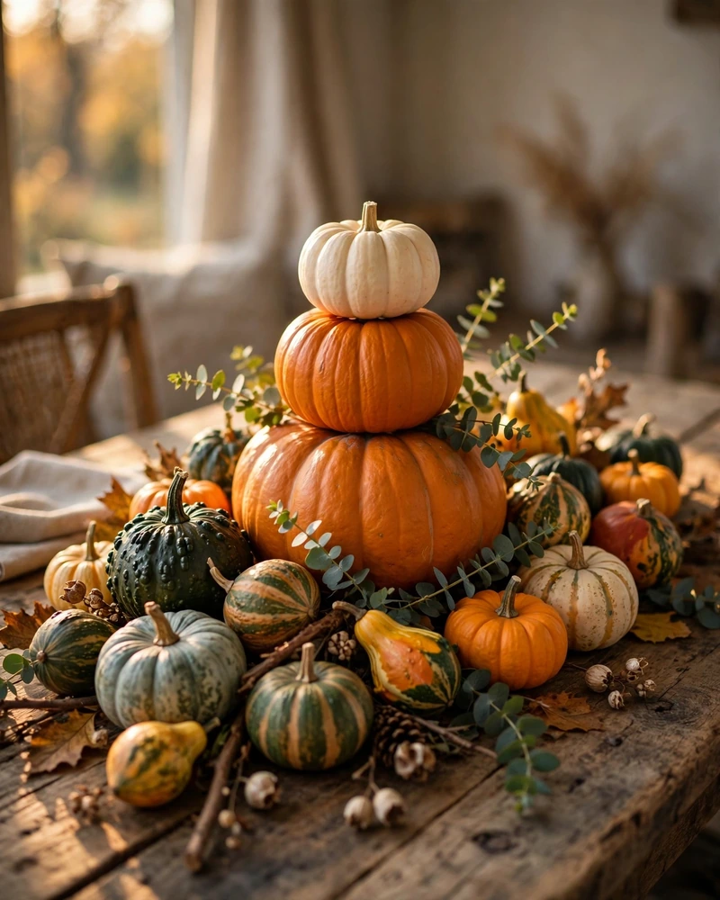 Pumpkin Centerpiece With Mini Pumpkins and Gourds - 19 Fall Table Decor Ideas for a Gorgeous Autumn Setting