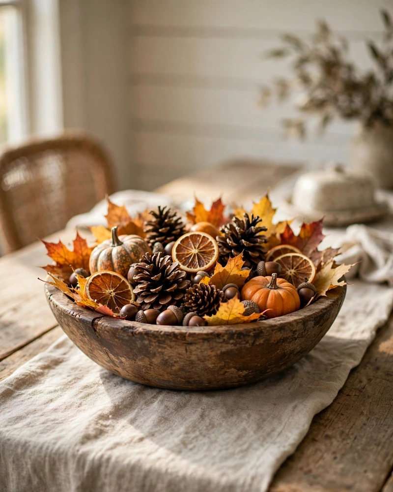Wooden Dough Bowl Filled With Autumn Finds - 19 Fall Table Decor Ideas for a Gorgeous Autumn Setting