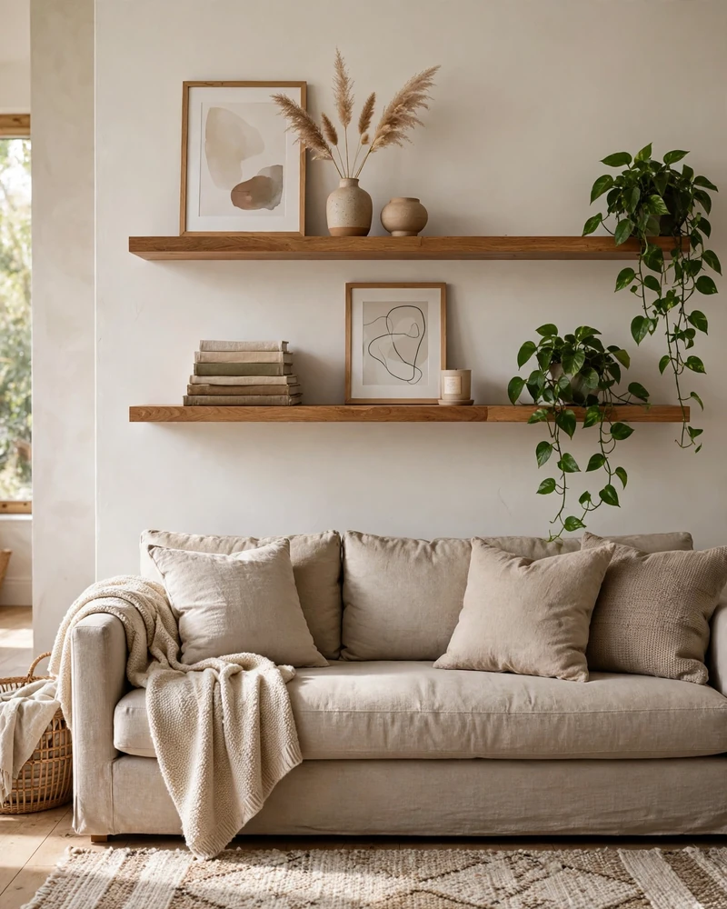 Above-the-Sofa Shelf Display - 13 Floating Shelves Ideas to Style Your Living Room
