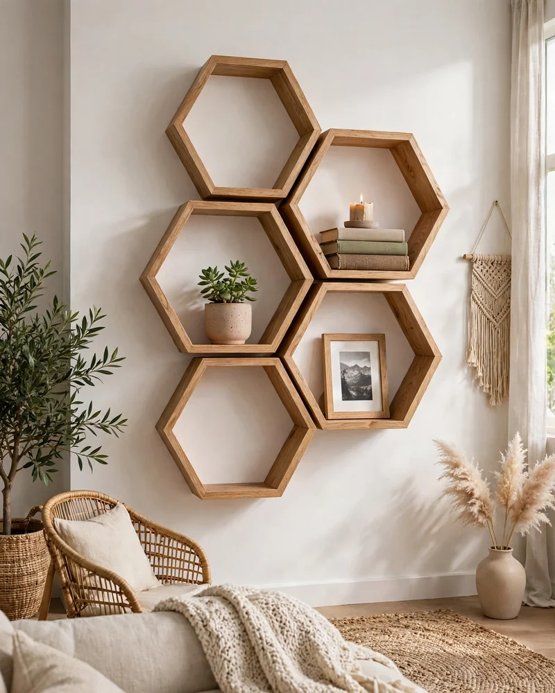 Honeycomb Floating Shelves - 13 Floating Shelves Ideas to Style Your Living Room