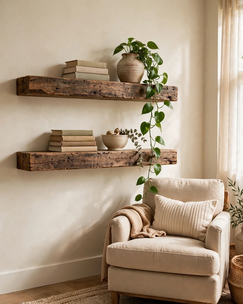 Rustic Wood Floating Shelves - 13 Floating Shelves Ideas to Style Your Living Room