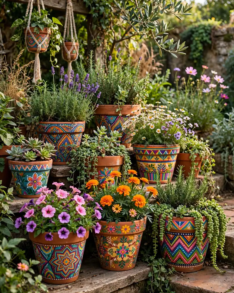 Hand-Painted Terracotta Pots - 19 Hippie Garden Ideas for a Colorful Boho Outdoor Space