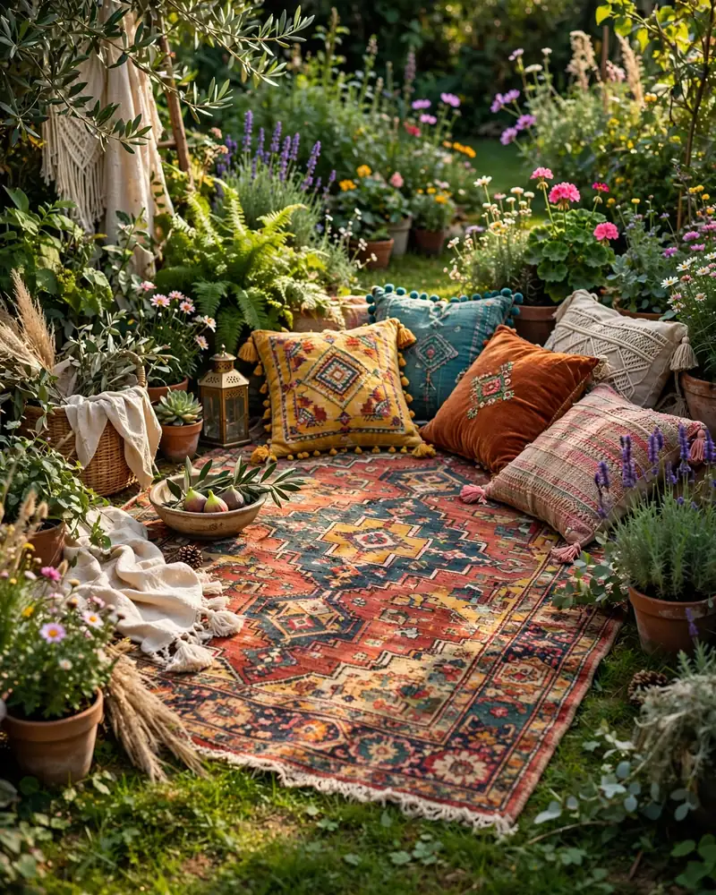 Vintage Rug Picnic Nook - 19 Hippie Garden Ideas for a Colorful Boho Outdoor Space