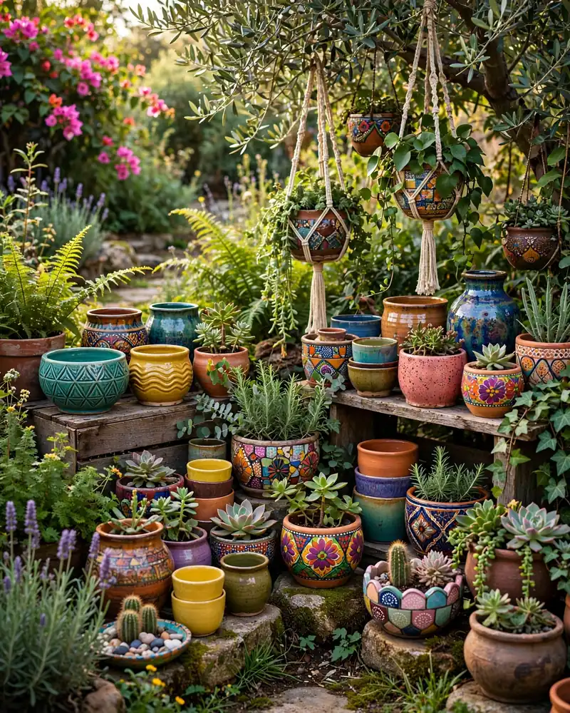 Eclectic Pottery Collection - 19 Hippie Garden Ideas for a Colorful Boho Outdoor Space
