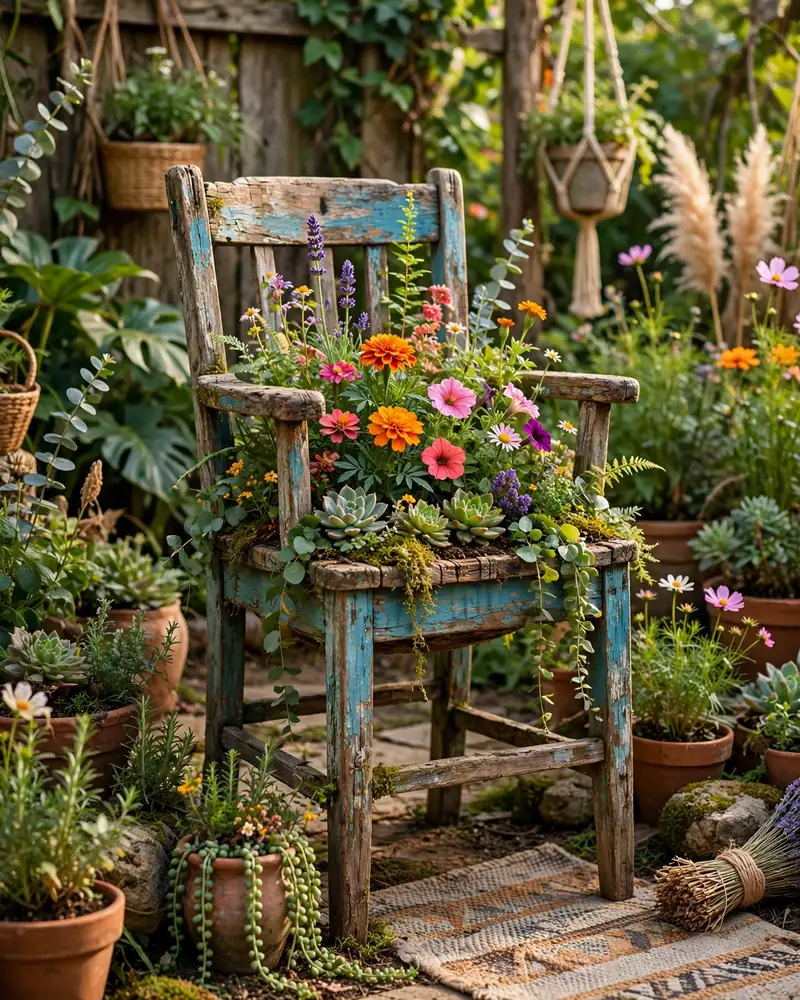 Repurposed Chair Planters - 19 Hippie Garden Ideas for a Colorful Boho Outdoor Space