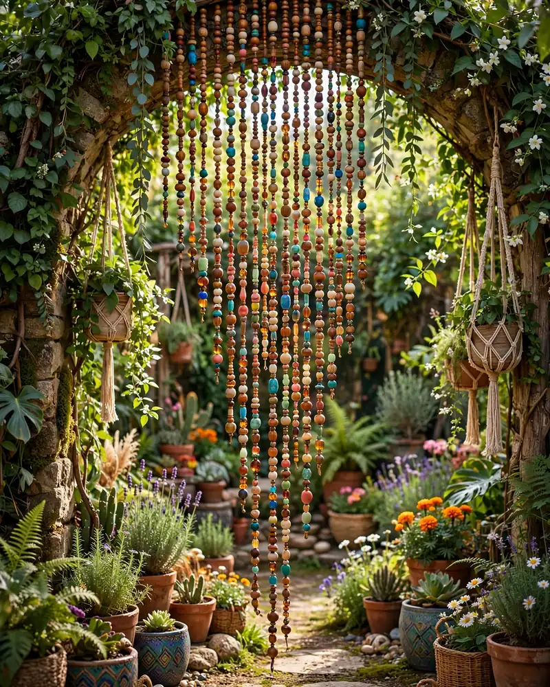 Beaded Curtain Garden Entrance - 19 Hippie Garden Ideas for a Colorful Boho Outdoor Space