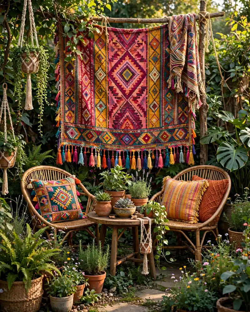Hanging Tapestry Backdrop - 19 Hippie Garden Ideas for a Colorful Boho Outdoor Space