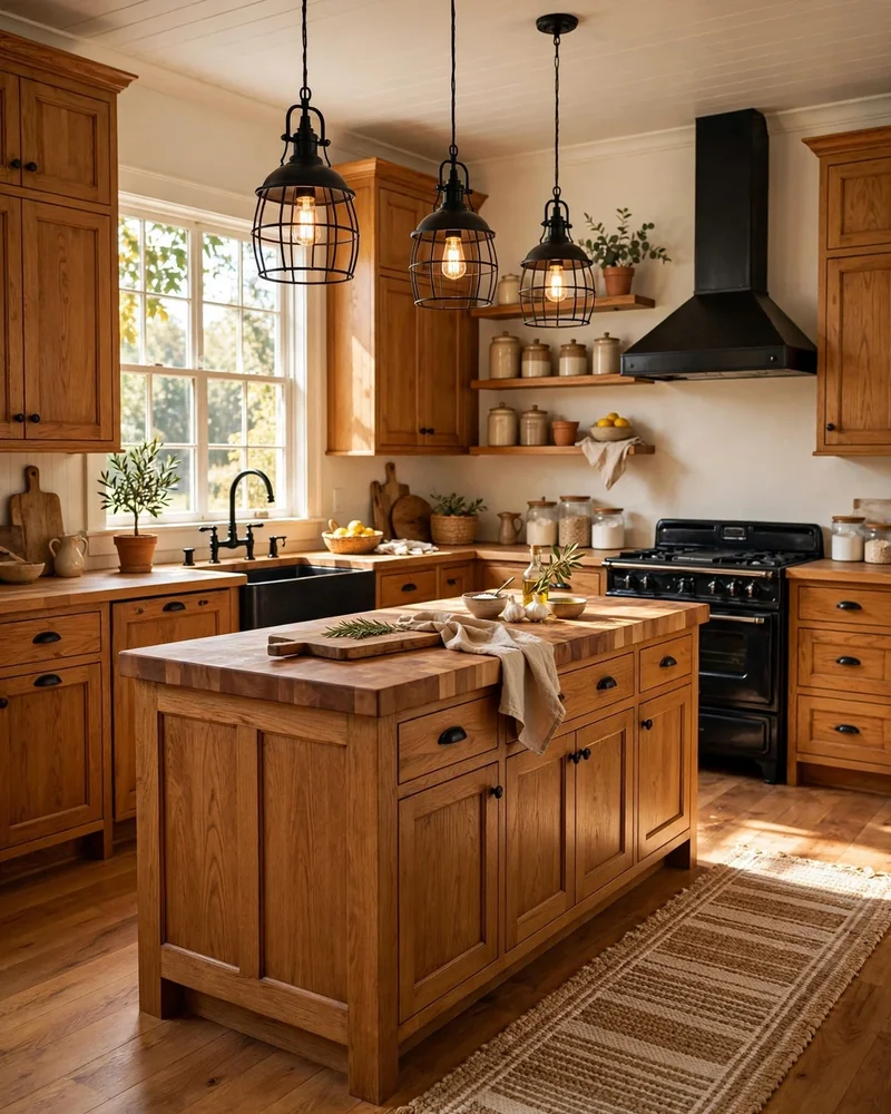 Honey Oak Cabinets with Warm Butcher Block Counters - 24 Honey Oak Kitchen Cabinet Ideas for a Fresh Look