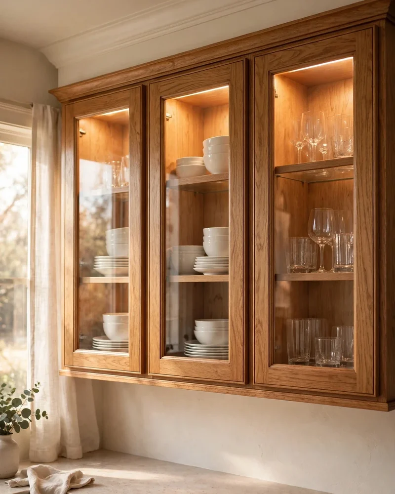 Glass-Front Doors That Lighten Honey Oak Cabinets - 24 Honey Oak Kitchen Cabinet Ideas for a Fresh Look