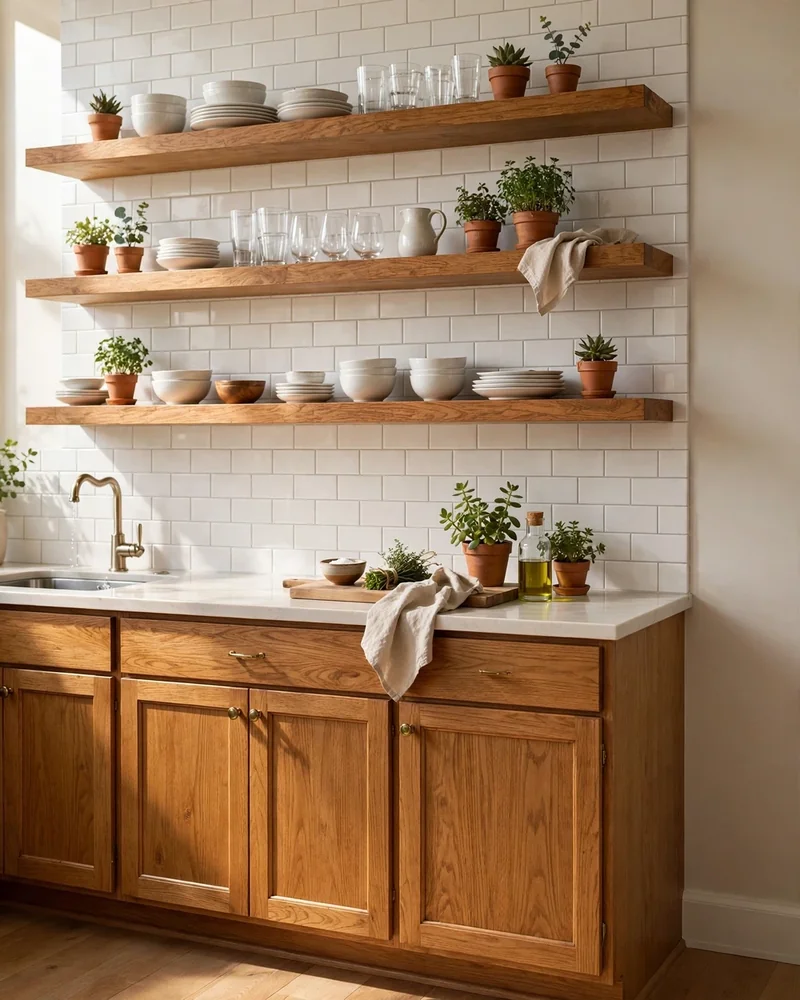 Open Shelving Beside Honey Oak Kitchen Cabinets - 24 Honey Oak Kitchen Cabinet Ideas for a Fresh Look