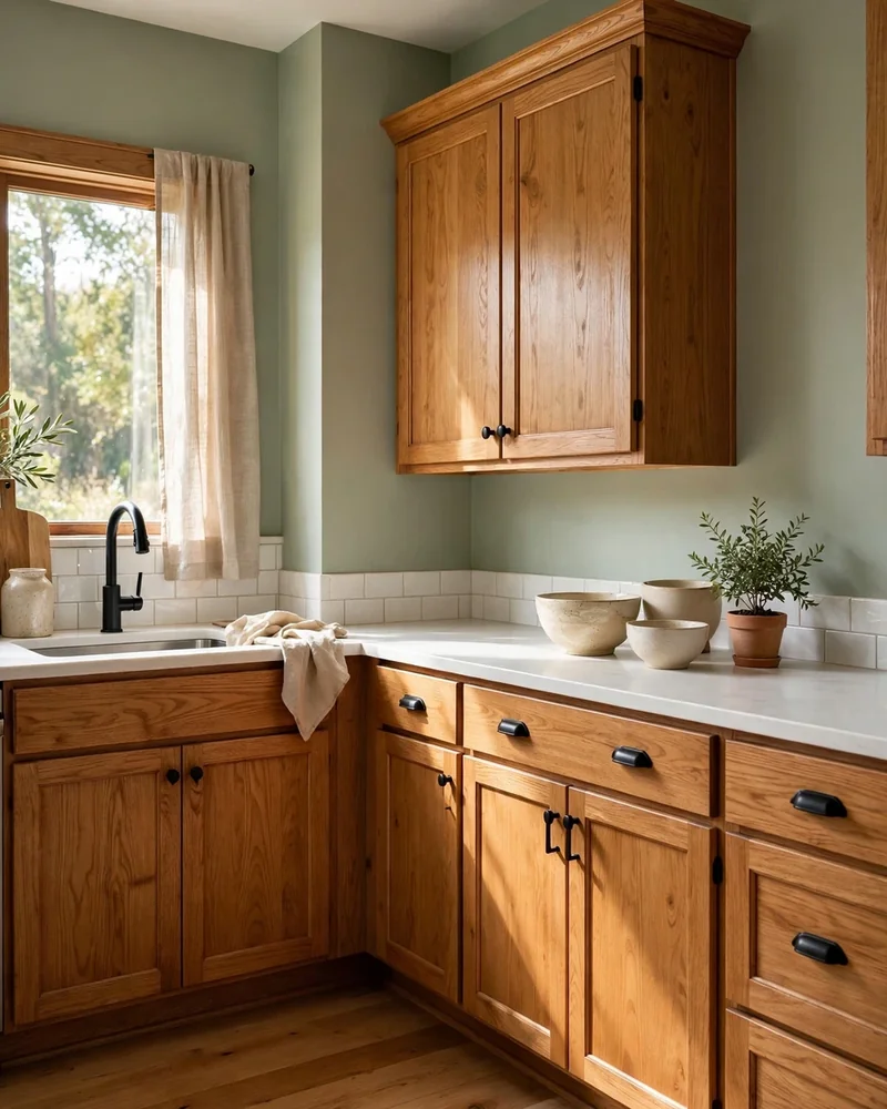 Sage Green Walls That Calm Honey Oak Kitchen Cabinets - 24 Honey Oak Kitchen Cabinet Ideas for a Fresh Look