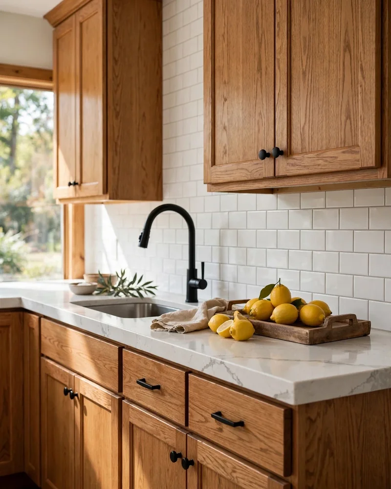 Honey Oak Kitchen Cabinets with White Quartz Countertops - 24 Honey Oak Kitchen Cabinet Ideas for a Fresh Look