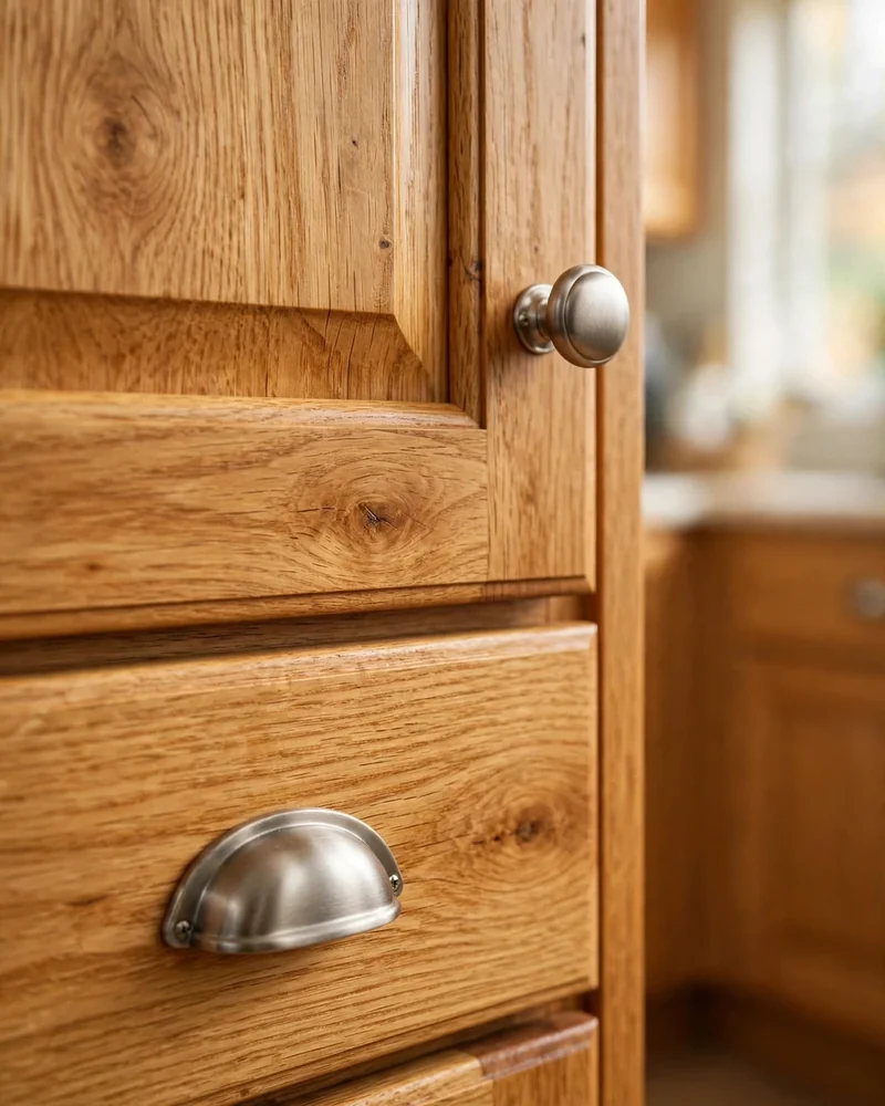 Brushed Nickel Hardware Update for Honey Oak Cabinets - 24 Honey Oak Kitchen Cabinet Ideas for a Fresh Look