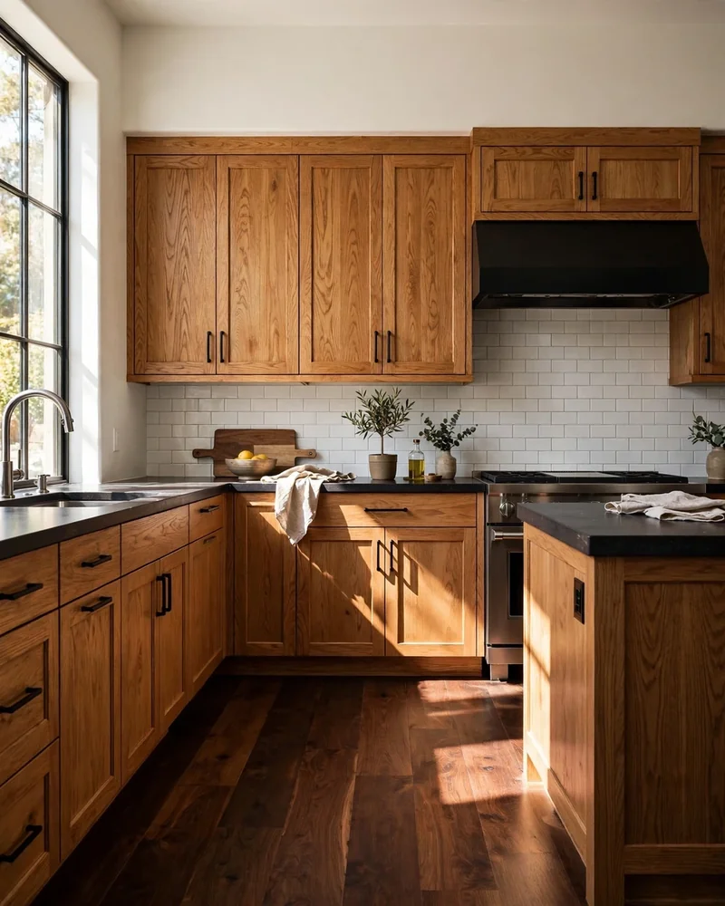 Contrasting Wood Flooring with Honey Oak Cabinets - 24 Honey Oak Kitchen Cabinet Ideas for a Fresh Look