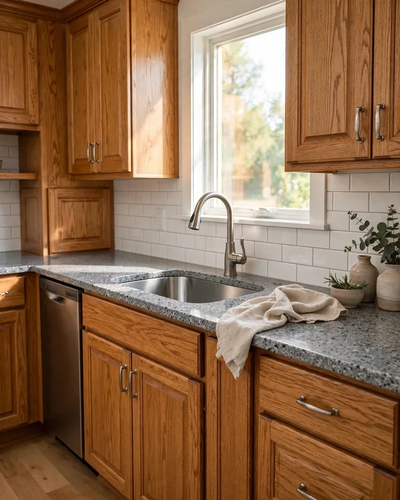 Honey Oak Kitchen Cabinets with Gray Granite Counters - 24 Honey Oak Kitchen Cabinet Ideas for a Fresh Look