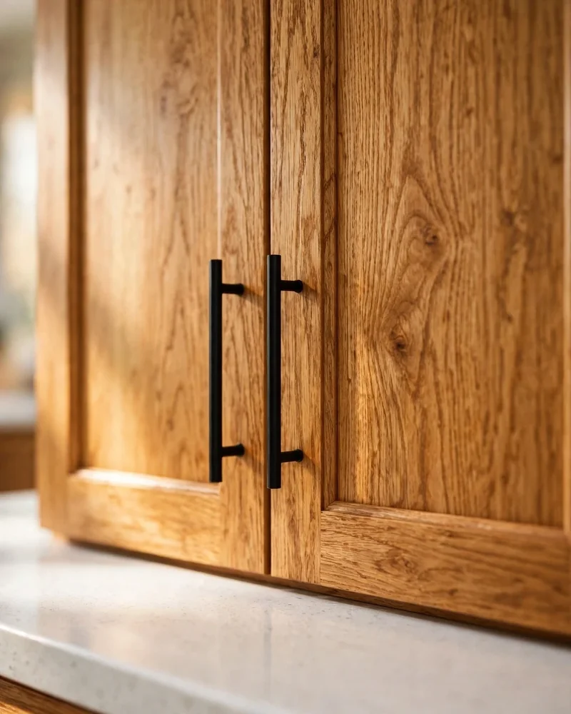 Matte Black Hardware for a Modern Honey Oak Kitchen - 24 Honey Oak Kitchen Cabinet Ideas for a Fresh Look