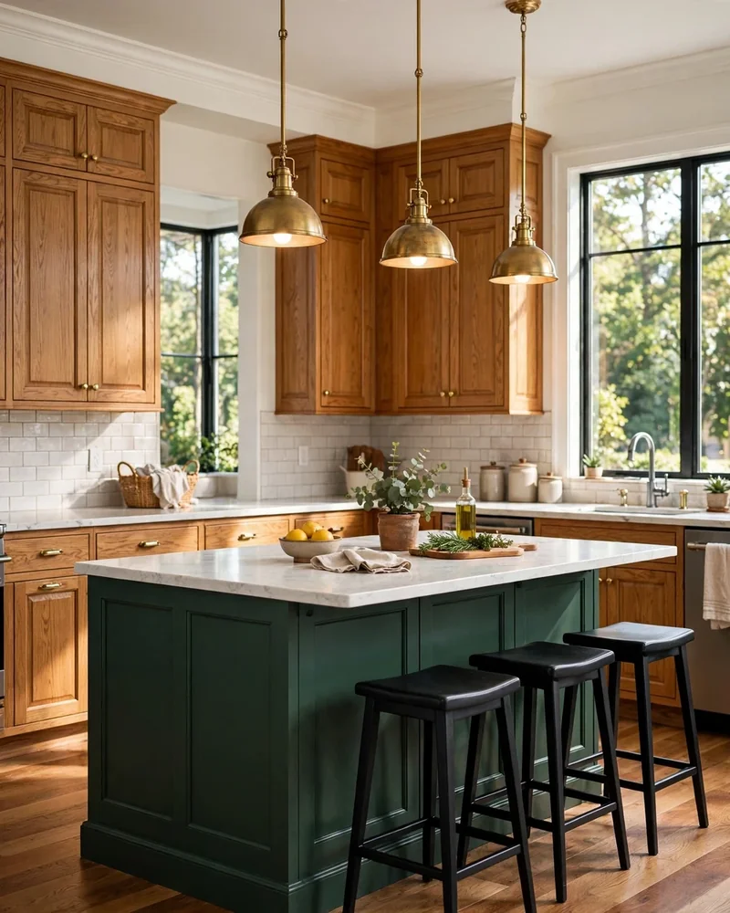Deep Green Island with Honey Oak Cabinets - 24 Honey Oak Kitchen Cabinet Ideas for a Fresh Look