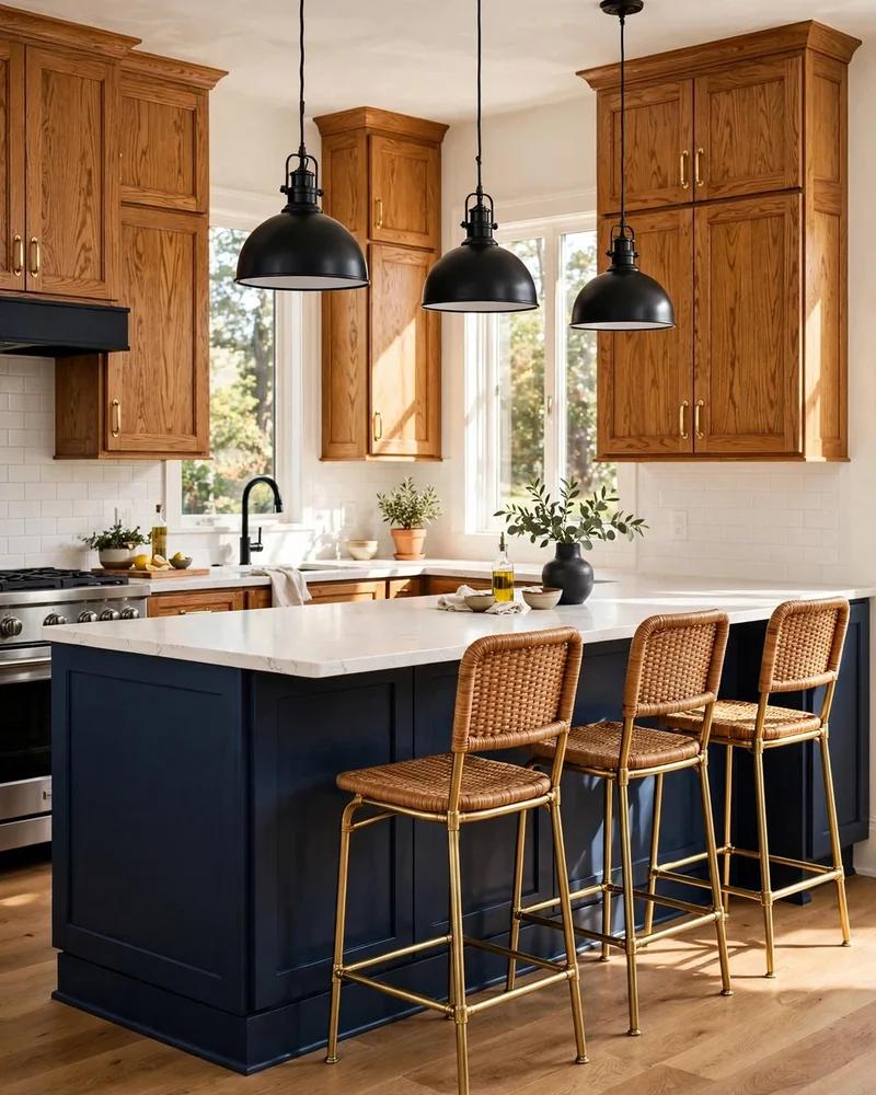Navy Island Two-Tone Look with Honey Oak Cabinets - 24 Honey Oak Kitchen Cabinet Ideas for a Fresh Look