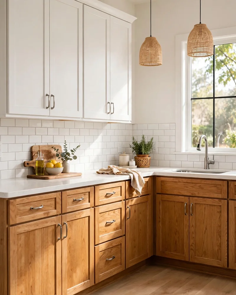 Two-Tone Honey Oak Kitchen Cabinets with Crisp White Uppers - 24 Honey Oak Kitchen Cabinet Ideas for a Fresh Look