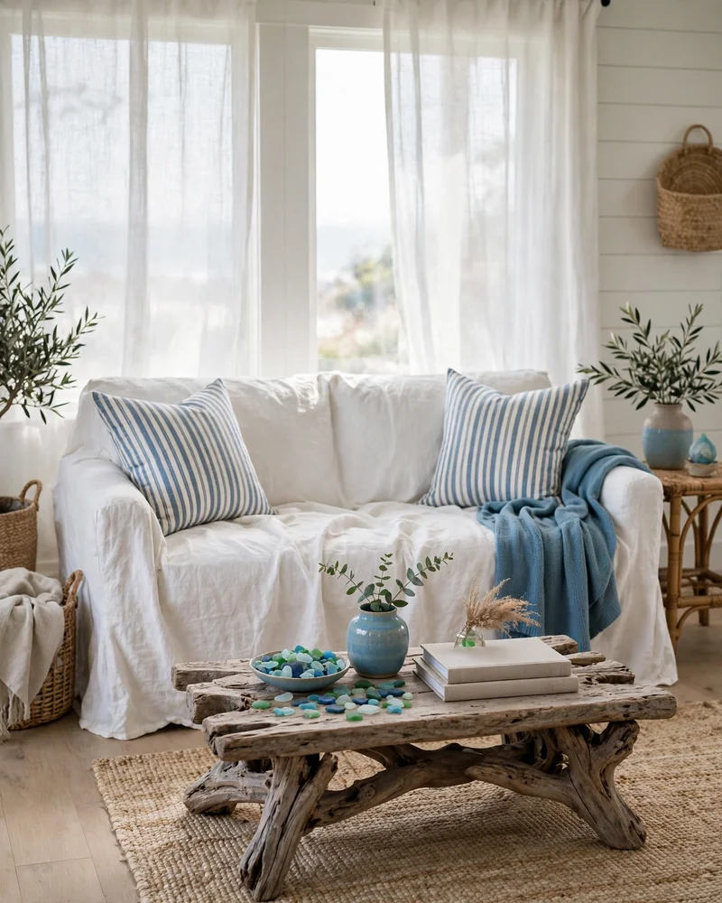 White Linen Slipcover Sofa - 18 Relaxed Coastal Decor Ideas for a Calm Stylish Home