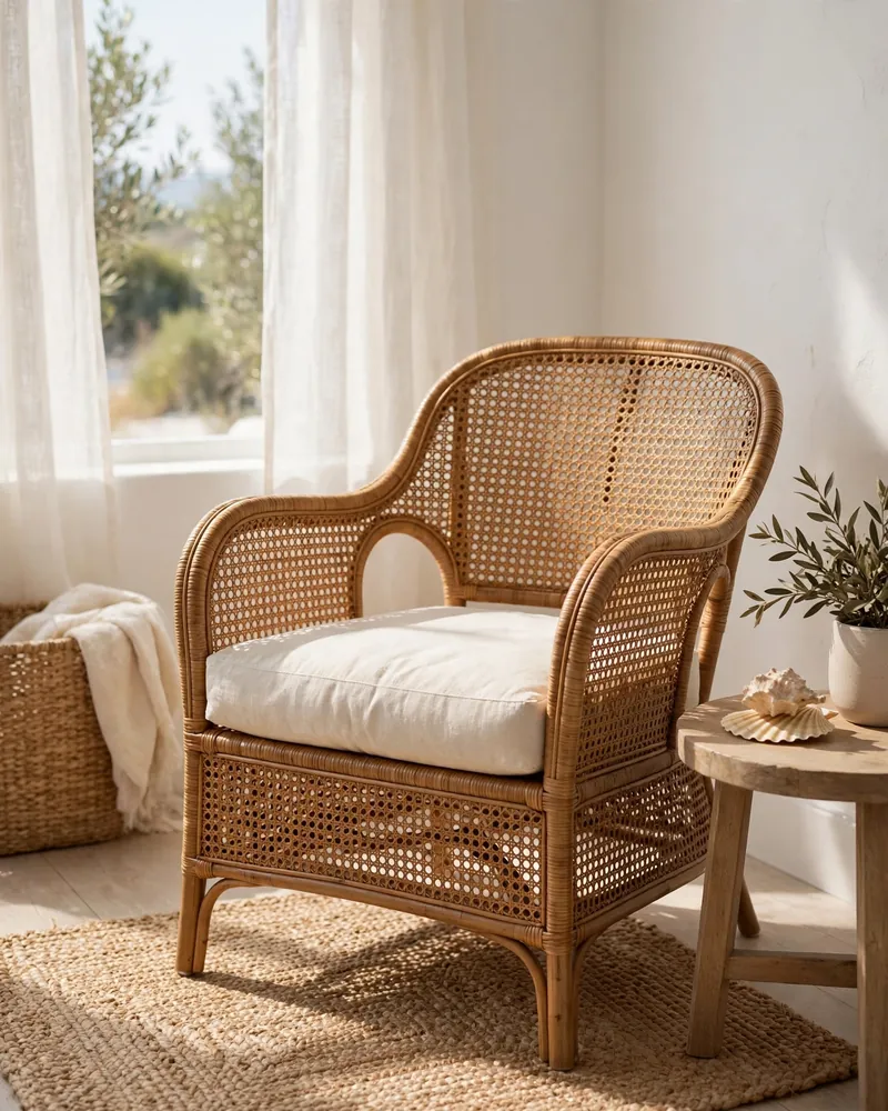 Sun-Washed Rattan Armchair - 18 Relaxed Coastal Decor Ideas for a Calm Stylish Home