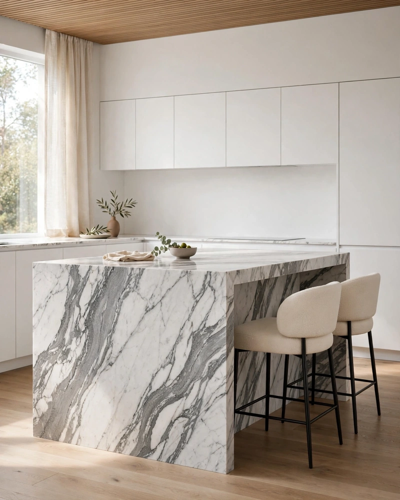 A Monolithic Waterfall Island - 21 Minimalist Kitchen Ideas for an Effortless Luxe Look