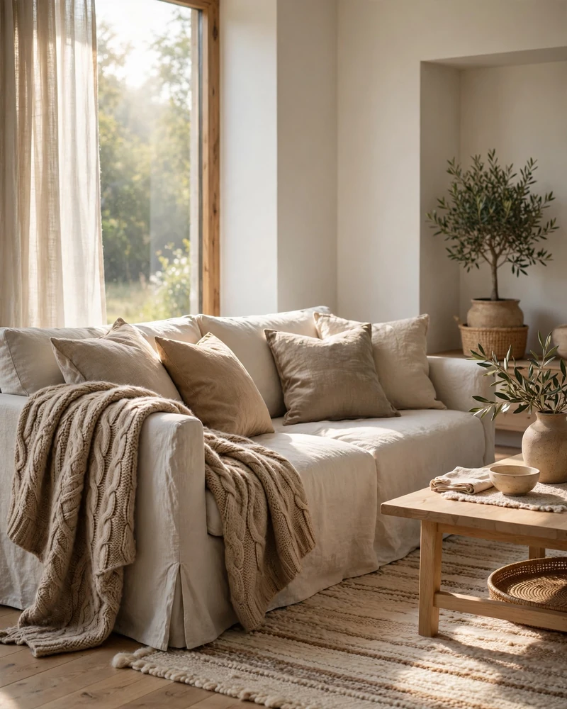Layered Linen and Wool Textiles - 14 Minimalist Living Rooms That Feel Warm and Calm